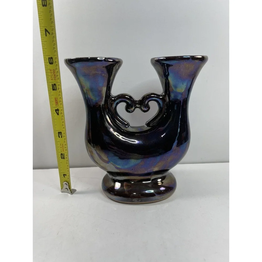 Vintage Double Iridescent Faience Candle Holder 1970s Made In Poland